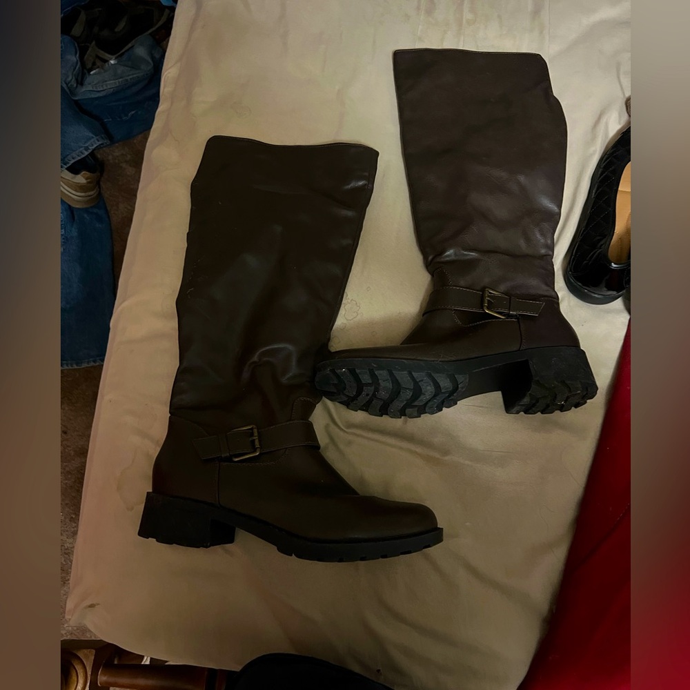 Brown Knee-High Boots with Buckle